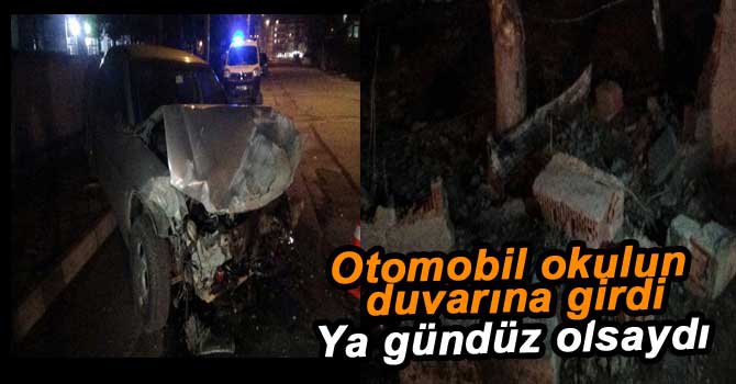 KONTROLDEN ÇIKAN ARAÇ LİSE DUVARINA DALDI
